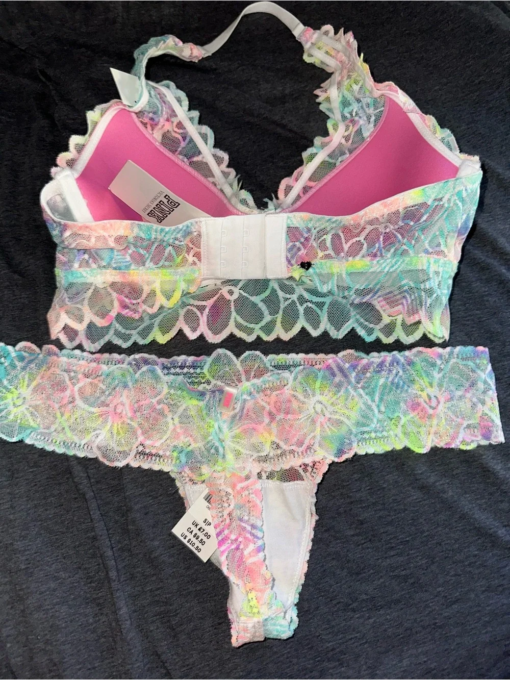 PINK Victoria's Secret Palm Print Pastel Multicolor Lace Bralette & Thong Set